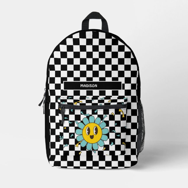 Retro Checkerboard Daisy  Printed Backpack (Front)