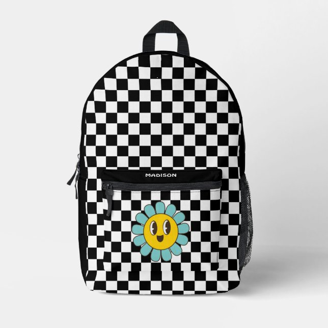 Retro Checkerboard Daisy  Printed Backpack (Front)
