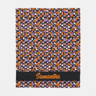 Retro Checkerboard Halloween Ghosts and Pumpkins Fleece Blanket