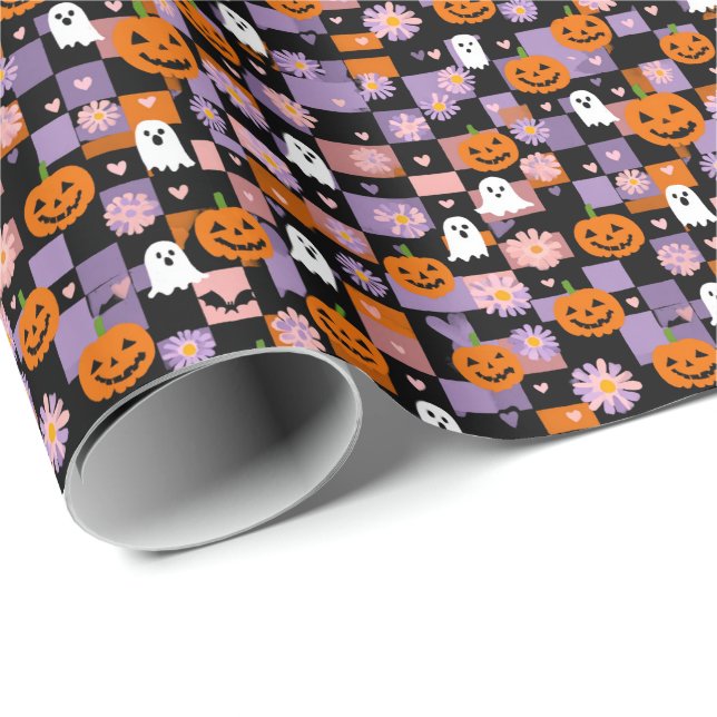 Retro Checkerboard Halloween Ghosts and Pumpkins Wrapping Paper (Roll Corner)