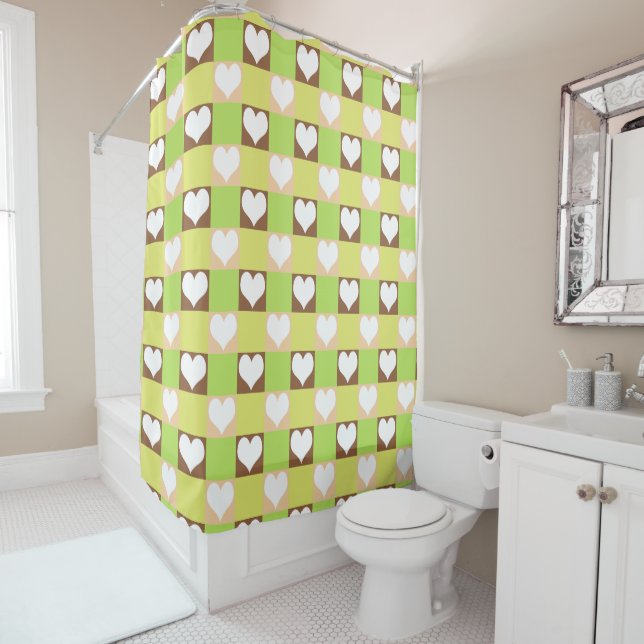 Retro Checkerboard Heart Pattern Shower Curtain (In Situ)