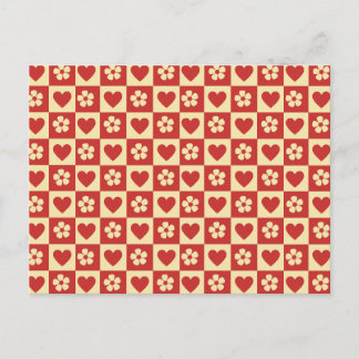 Retro Checkerboard Hearts and Flowers Pattern  Postcard