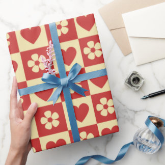 Retro Checkerboard Hearts and Flowers Pattern Wrapping Paper