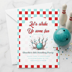 Retro Checkerboard Kids Bowling Birthday Party Invitation