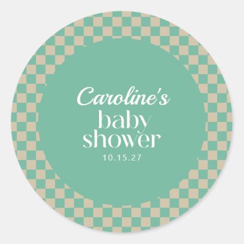 Retro Checkerboard Mint Sage Baby Shower Custom Classic Round Sticker