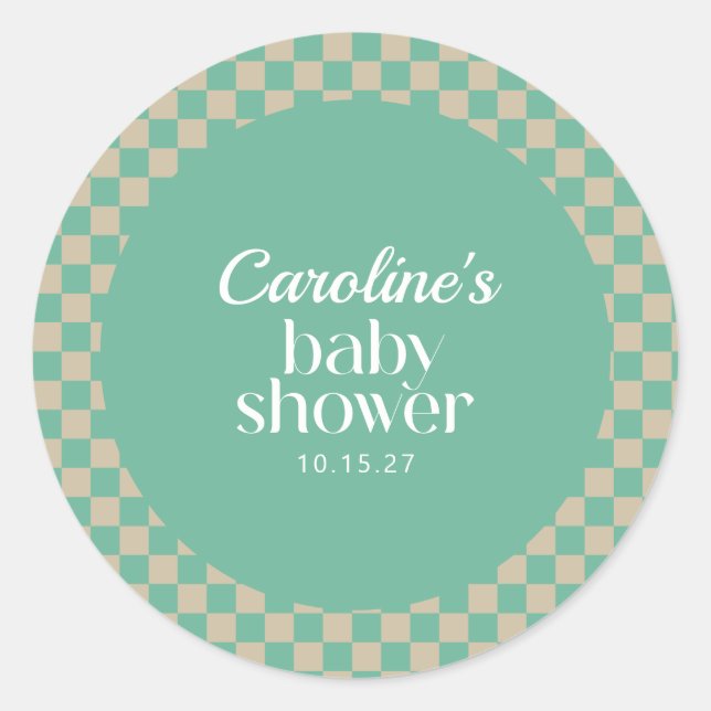 Retro Checkerboard Mint Sage Baby Shower Custom Classic Round Sticker (Front)