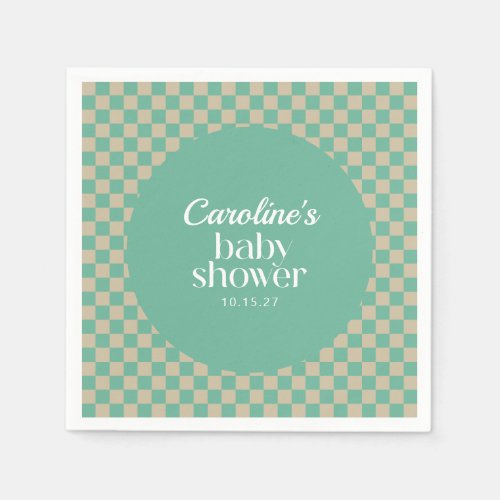 Retro Checkerboard Mint Sage Baby Shower Custom Napkins