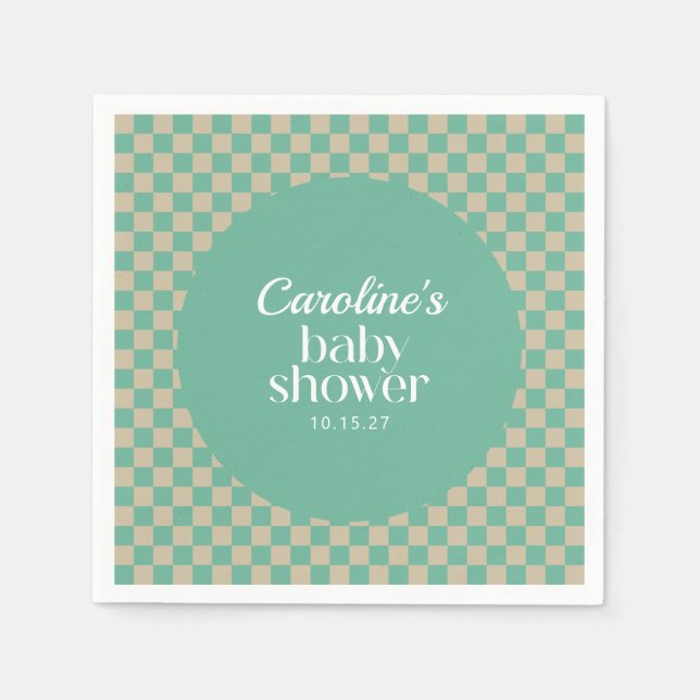 Retro Checkerboard Mint Sage Baby Shower Custom Napkins (Front)