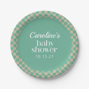 Retro Checkerboard Mint Sage Baby Shower Custom Paper Plates