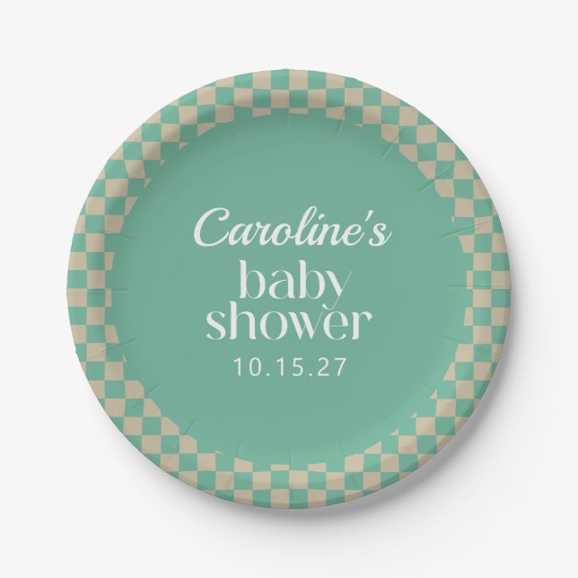 Retro Checkerboard Mint Sage Baby Shower Custom Paper Plates (Front)
