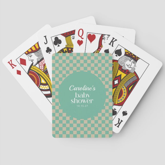 Retro Checkerboard Mint Sage Baby Shower Custom Poker Cards (Back)