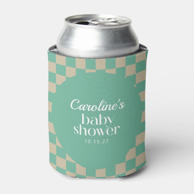 Retro Checkerboard Mint Sage Custom Baby Shower  Can Cooler (Can Front)
