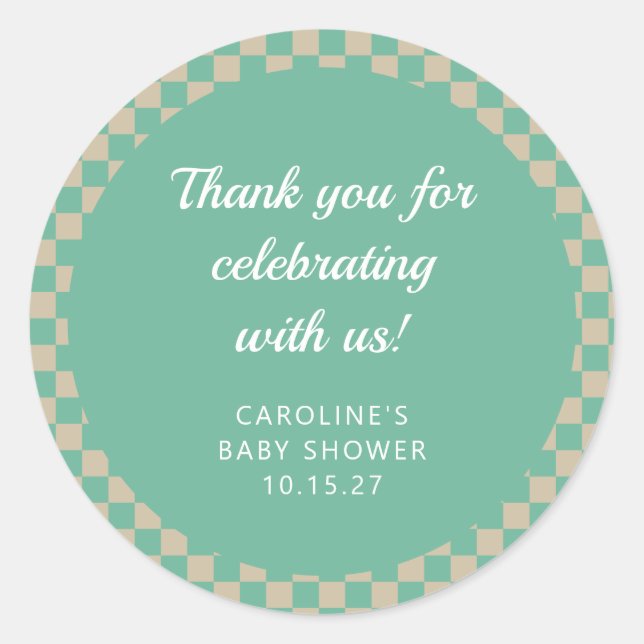 Retro Checkerboard Mint Shower Custom Thank You Classic Round Sticker (Front)