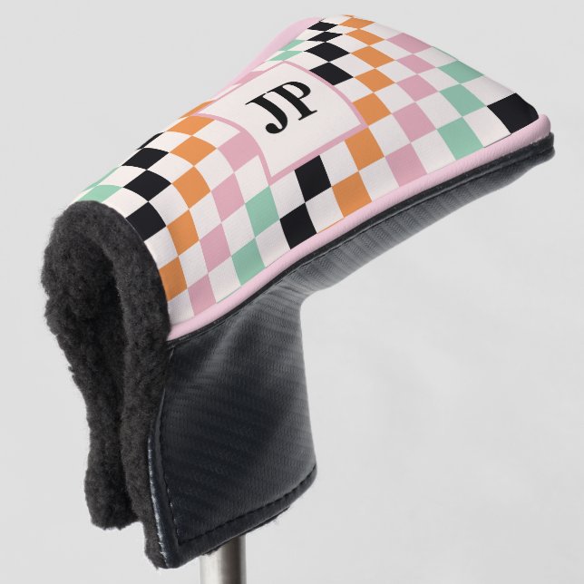 Retro Checkerboard Monogram Golf Gift Head Cover (3/4 Front)