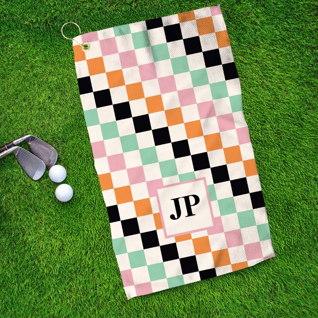 Retro Checkerboard Monogram Golf Gift Towel (Creator Uploaded)