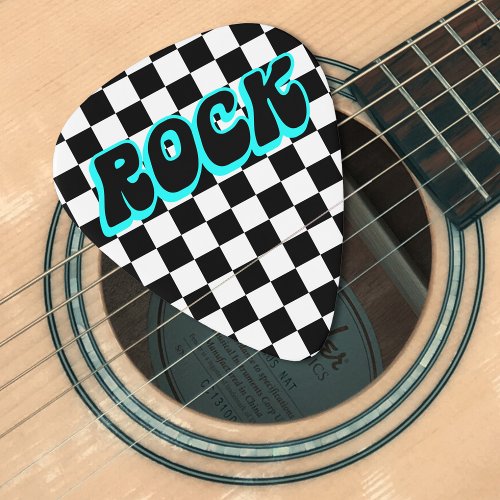 Retro Checkerboard Neon Blue Rock Music Guitar Pick