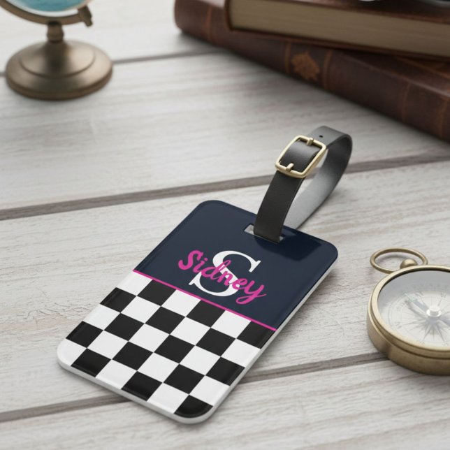 Retro Checkerboard Neon Pink Name Monogram Luggage Tag (Creator Uploaded)