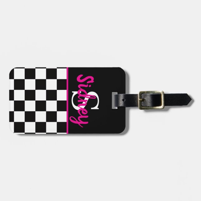 Retro Checkerboard Neon Pink Name Monogram Luggage Tag (Front Horizontal)