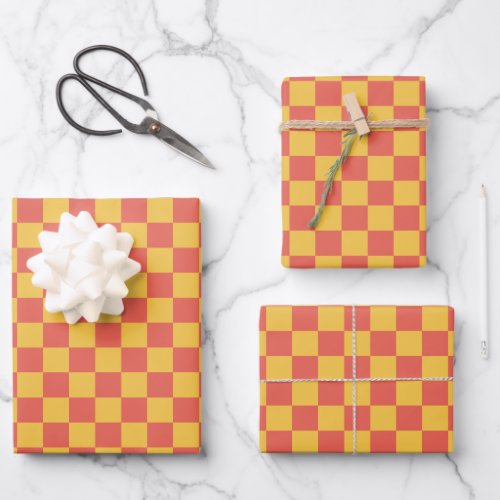 Retro Checkerboard Pattern Bright Yellow Orange  Wrapping Paper Sheets