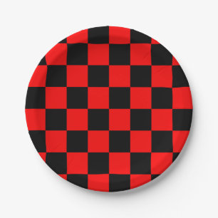 Retro Checkerboard Pattern Red & Black Novelty Paper Plates