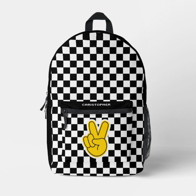 Retro Checkerboard Peace Sign  Printed Backpack (Front)