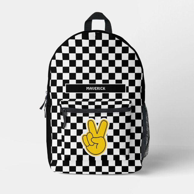 Retro Checkerboard Peace Sign  Printed Backpack (Front)