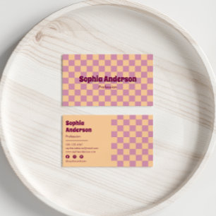 Retro Checkerboard Peach & Purple Business Card