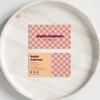 Retro Checkerboard Peach & Purple Business Card