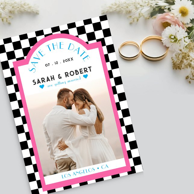 Retro Checkerboard Photo Pink & Blue Wedding Save The Date (Retro Checkerboard Photo Pink & Blue Wedding Save The Date)
