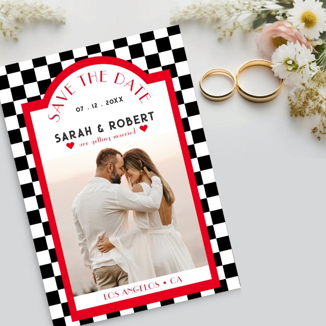 Retro Checkerboard Photo Red Black & White Wedding Save The Date (Retro Checkerboard Photo Red Black & White Wedding Save The Date)