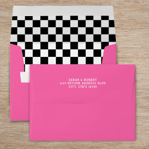 Retro Checkerboard Pink Black & White Wedding Envelope