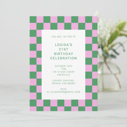 Retro Checkerboard Pink Green 21st Birthday Party Invitation