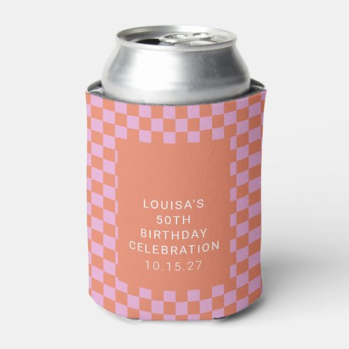 Retro Checkerboard Pink Orange Custom Birthday  Can Cooler