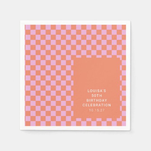 Retro Checkerboard Pink Orange Custom Birthday  Napkins