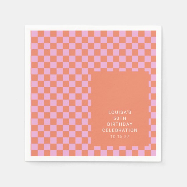 Retro Checkerboard Pink Orange Custom Birthday  Napkins (Front)