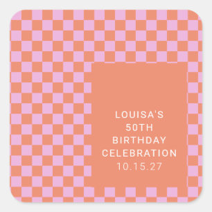 Retro Checkerboard Pink Orange Custom Birthday Square Sticker
