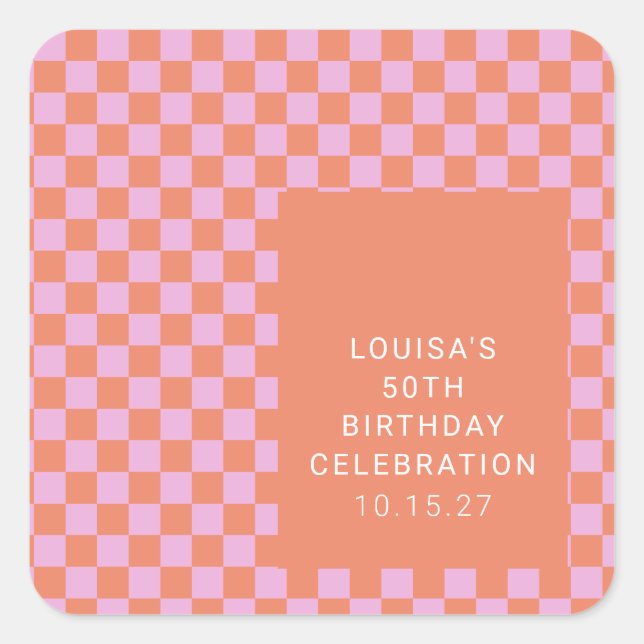 Retro Checkerboard Pink Orange Custom Birthday  Square Sticker (Front)