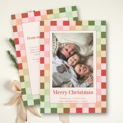 Retro Checkerboard Red Green Family Christmas Holiday Card