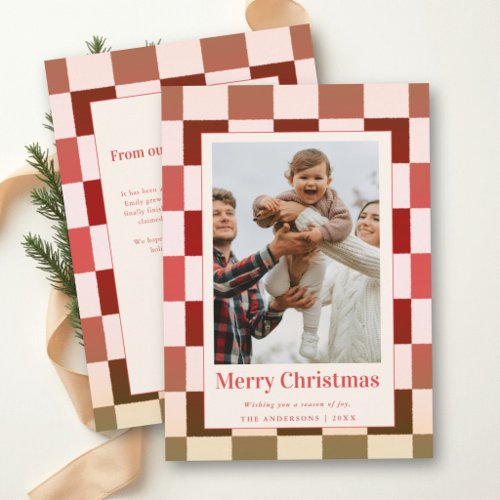 Retro Checkerboard Red Pink Family Photo Christmas Holiday Card