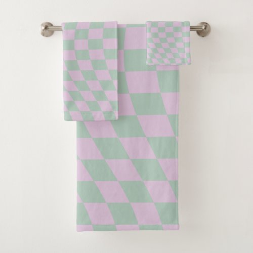 Retro Checkerboard Sage Green Purple Check Pattern Bath Towel Set