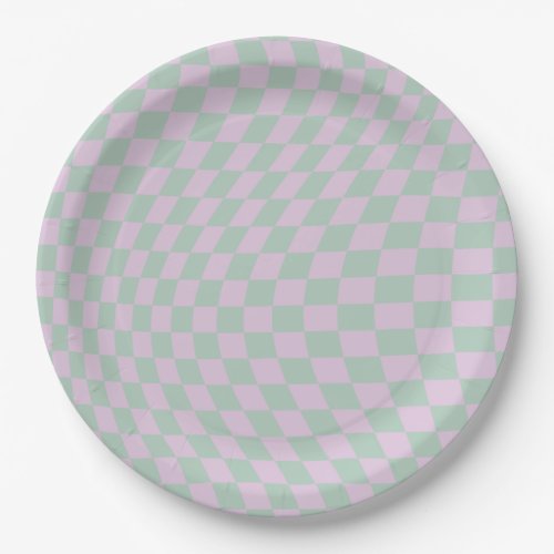 Retro Checkerboard Sage Green Purple Check Pattern Paper Plates