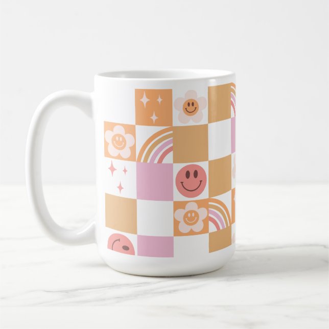 Retro Checkerboard Smile Face 60s Pattern Mug (Left)