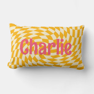 Retro checkerboard swirl wave add name yellow pink lumbar pillow