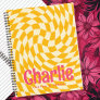 Retro checkerboard swirl wave add name yellow pink notebook