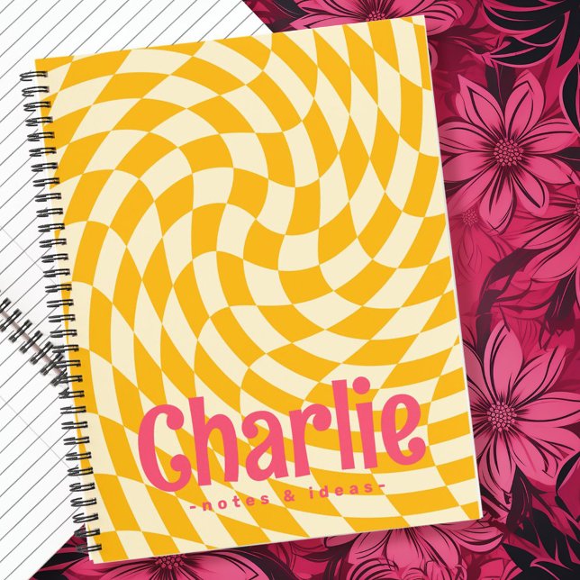 Retro checkerboard swirl wave add name yellow pink notebook (Retro checkerboard swirl wave add name yellow pink notebook)