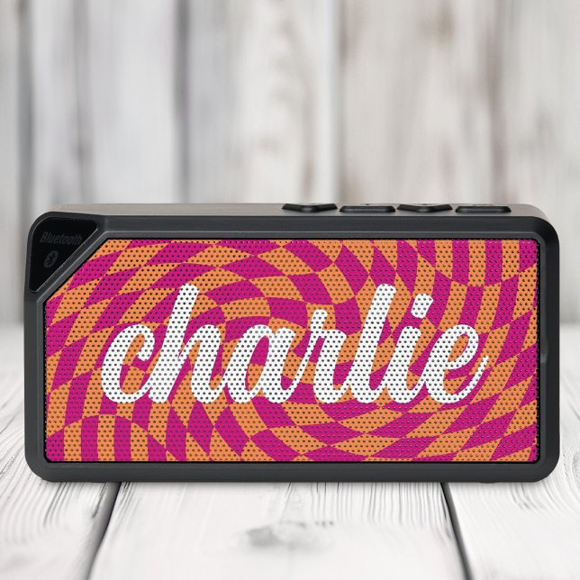 Retro checkerboard swirl wave hot pink orange bluetooth speaker (Retro checkerboard swirl wave hot pink orange bluetooth speaker)