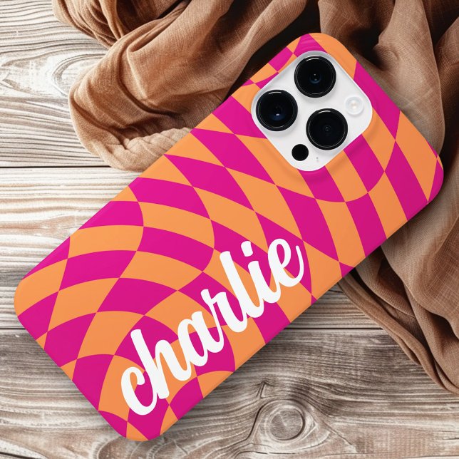Retro checkerboard swirl wave hot pink orange Case-Mate iPhone case (Retro checkerboard swirl wave hot pink orange Case-Mate iPhone case)
