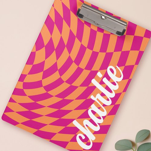 Retro checkerboard swirl wave hot pink orange clipboard