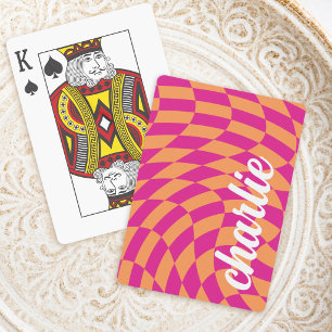 Retro checkerboard swirl wave hot pink orange poker cards