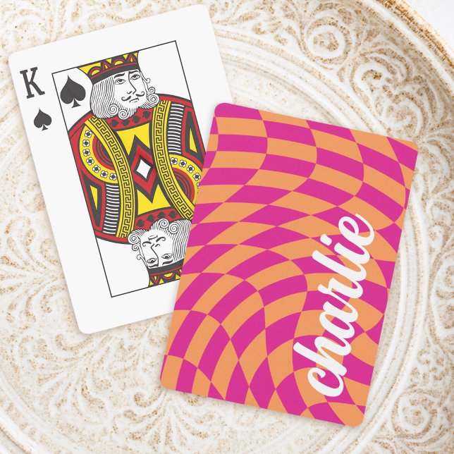 Retro checkerboard swirl wave hot pink orange poker cards (Retro checkerboard swirl wave hot pink orange playing cards)